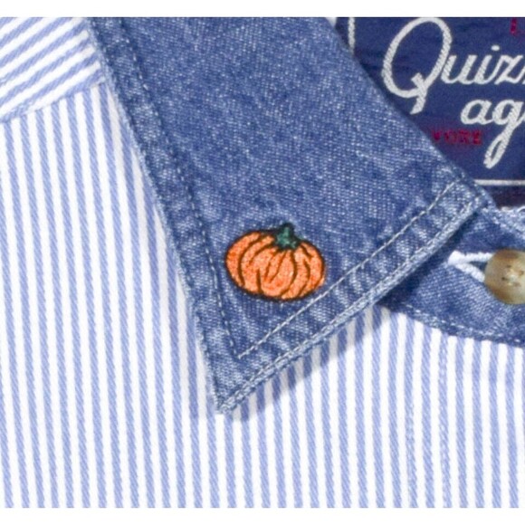 NWT Let's Quizz Again Embroidered Teddy Bear Blue & White Striped Shirt Sz M - Picture 5 of 6